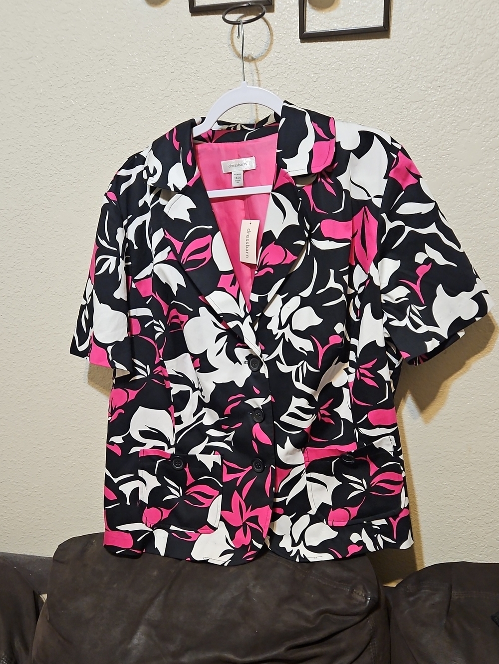 dressbarn Black White Pink Floral Short-Sleeve Blazer